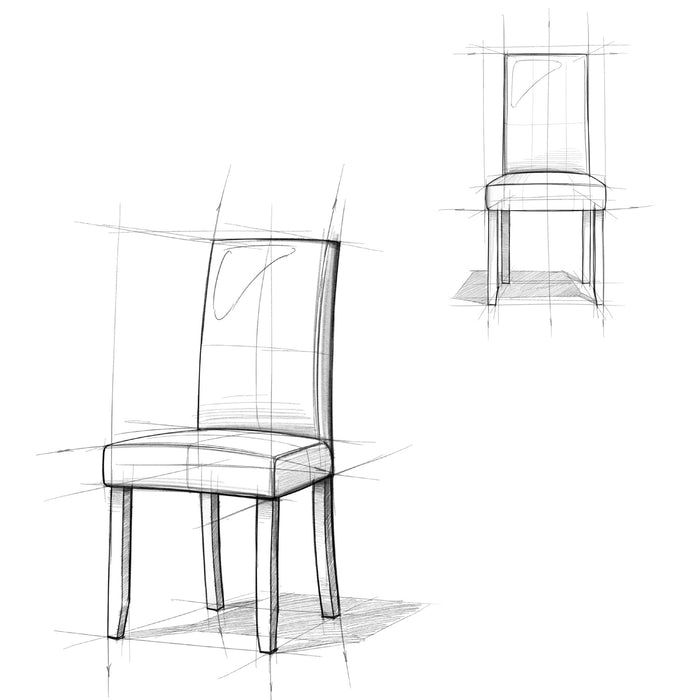 Distressed black Acadian Parson dining chair set sketches showing front and side views with clean lines - Bel Furniture