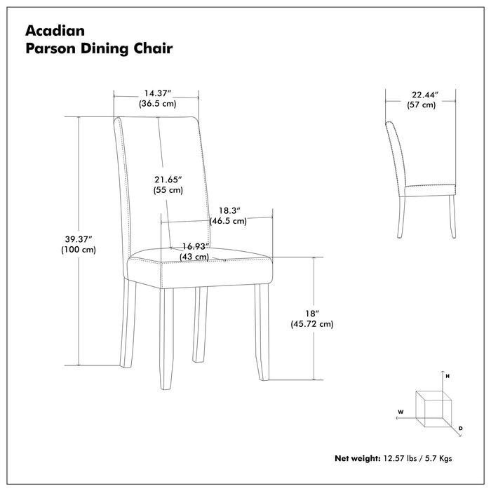 Acadian Parson dining chair in Tanners Brown with detailed dimensions and specifications - Bel Furniture