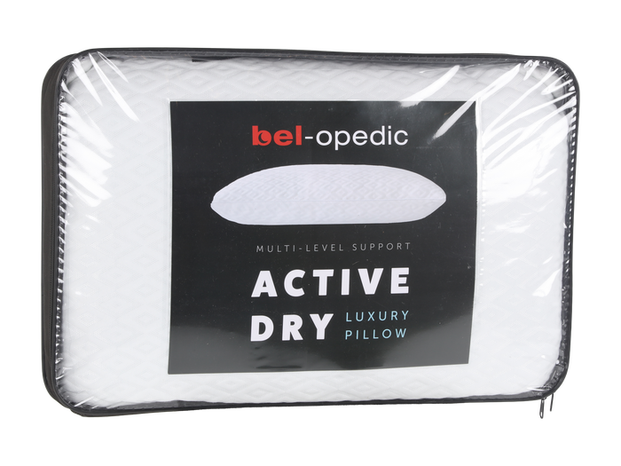 Bel-Opedic Active Dry luxury pillow in clear packaging on a white background