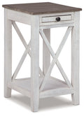 White and gray farmhouse accent table with X-frame design and drawer - Bel Furniture
