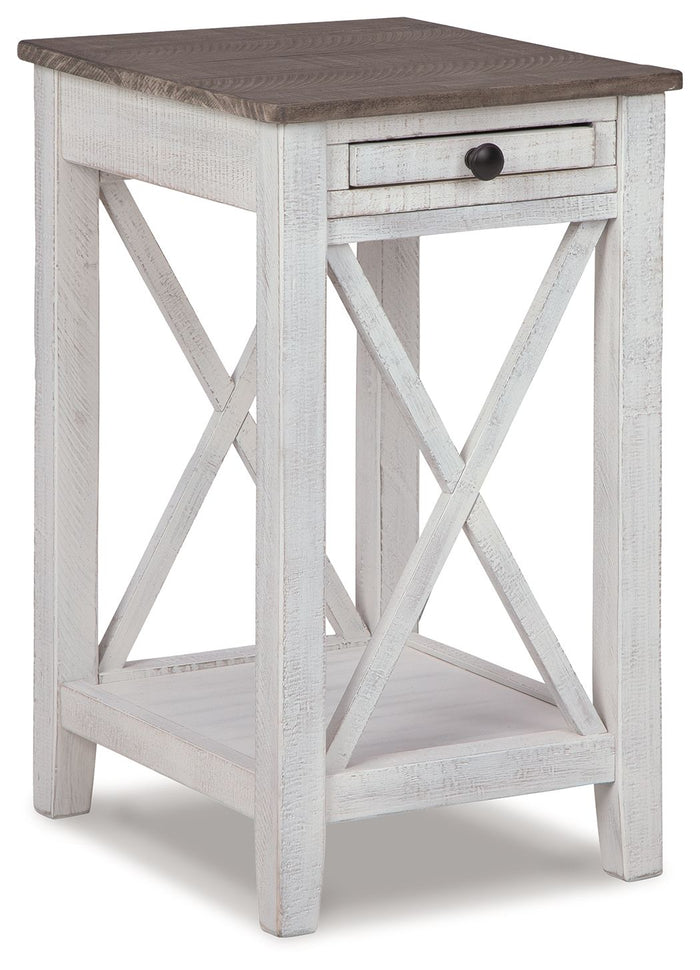 White and gray farmhouse accent table with X-frame design and drawer - Bel Furniture
