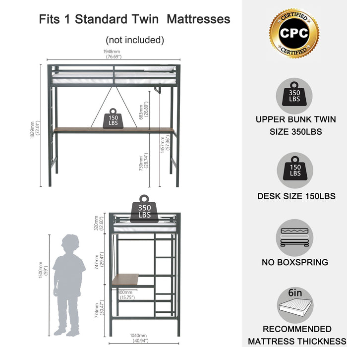 Adam - Twin Loft Bunk Bed With Cinnamon Wood Desk And Closet Rod - Black - view 6