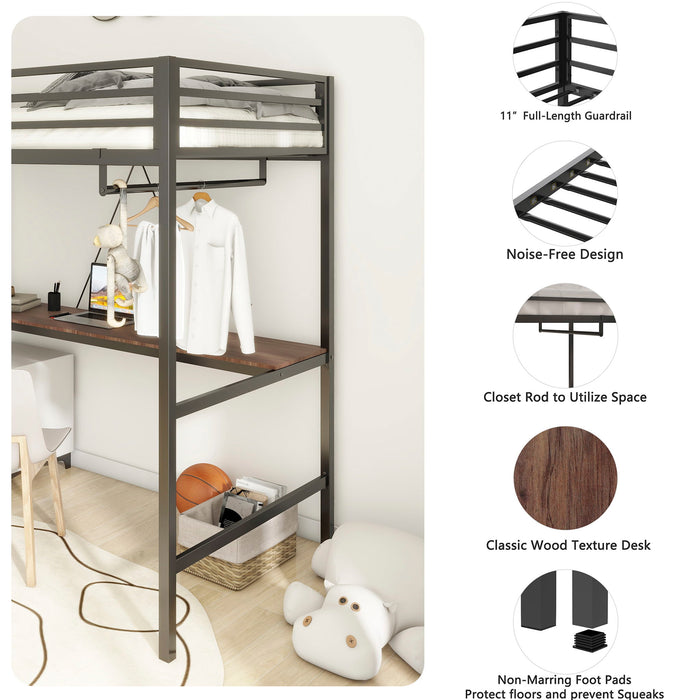 Adam - Twin Loft Bunk Bed With Cinnamon Wood Desk And Closet Rod - Black - view 7