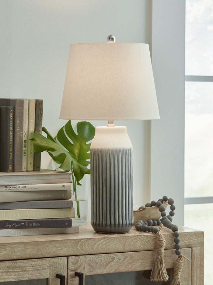 Afener - Blue / Beige - Ceramic Table Lamp (Set of 2) by Signature Design by Ashley® | Bel Furniture