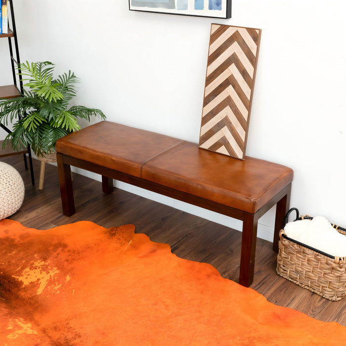 Austin - Antique Leather Bench With Lines - Antique Brown / Brown / Rustic / Tan by Ashcroft Furniture | Bel Furniture