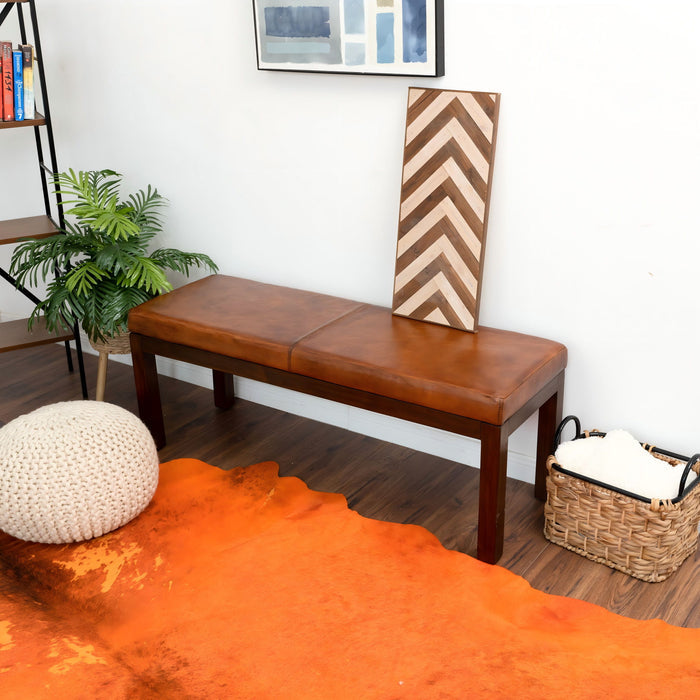 Austin - Antique Leather Bench With Lines - Antique Brown / Brown / Rustic / Tan by Ashcroft Furniture | Bel Furniture