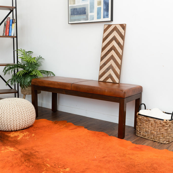 Austin - Antique Leather Bench With Lines - Antique Brown / Brown / Rustic / Tan by Ashcroft Furniture | Bel Furniture