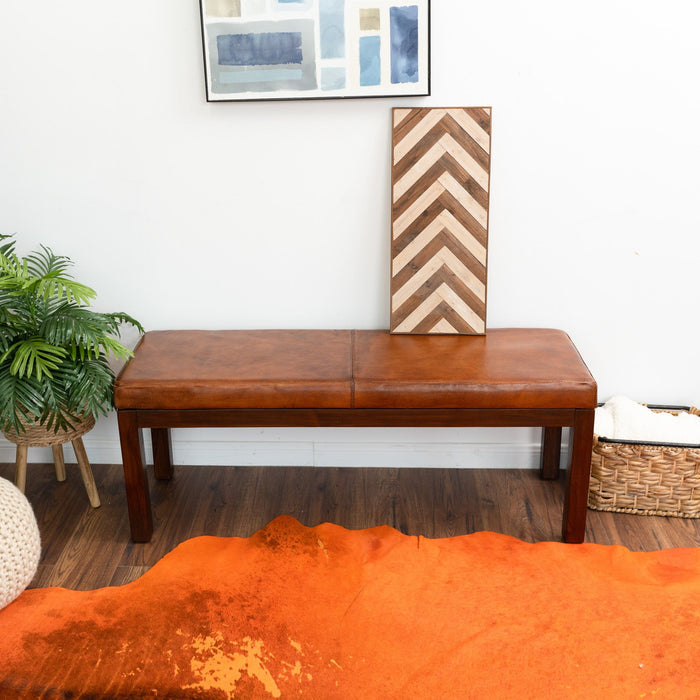 Austin - Antique Leather Bench With Lines - Antique Brown / Brown / Rustic / Tan by Ashcroft Furniture | Bel Furniture
