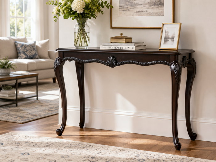 Avelina Traditional Dark Cherry Sofa Table with Carved Cabriole Legs