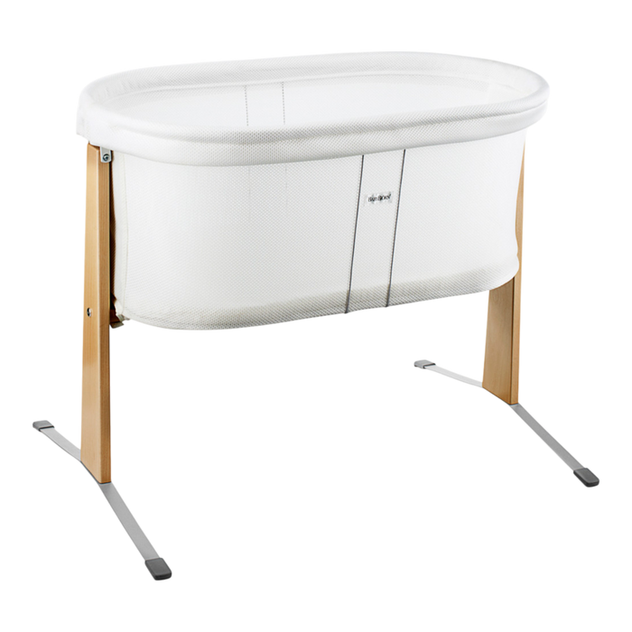 A BabyBjörn Cradle in White with a light natural wood frame and silver metal support legs, shown on a plain white background.