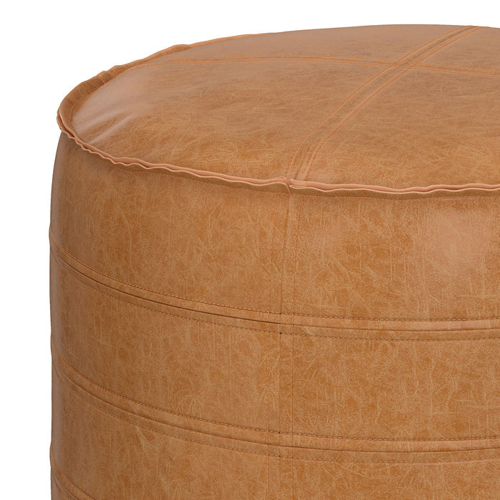 Tan leather round pouf with stitched details and rolled edges, accent furniture by Simpli-Home