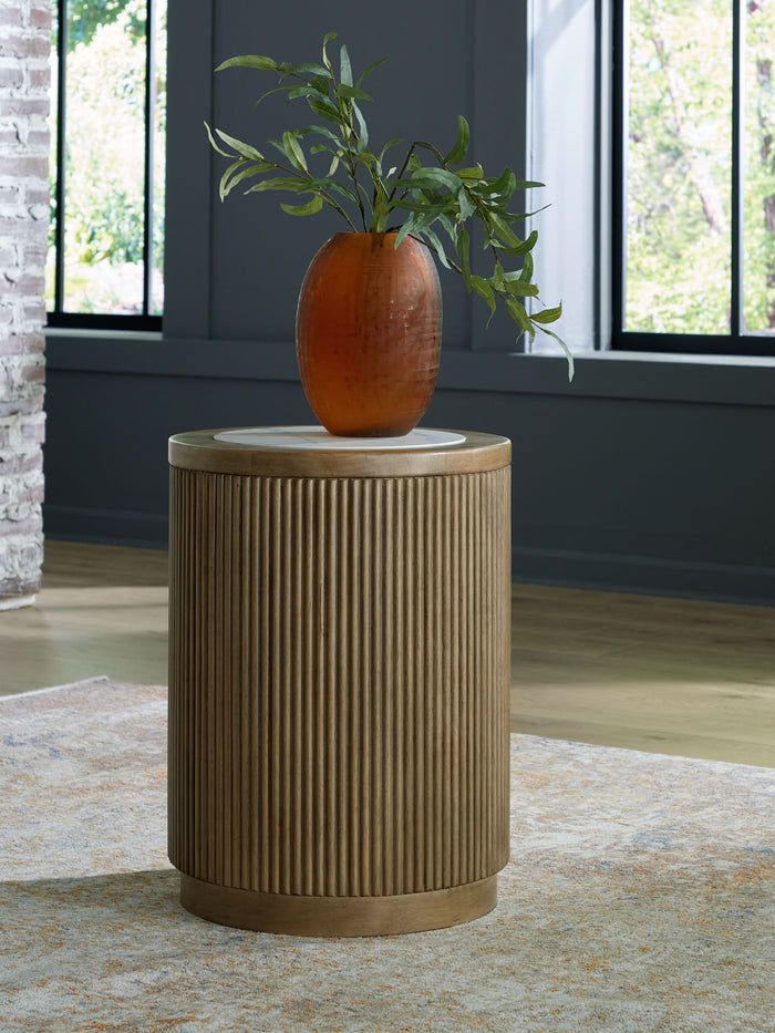 Camdill - Light Brown / White - Round End Table by Signature Design by Ashley® | Bel Furniture