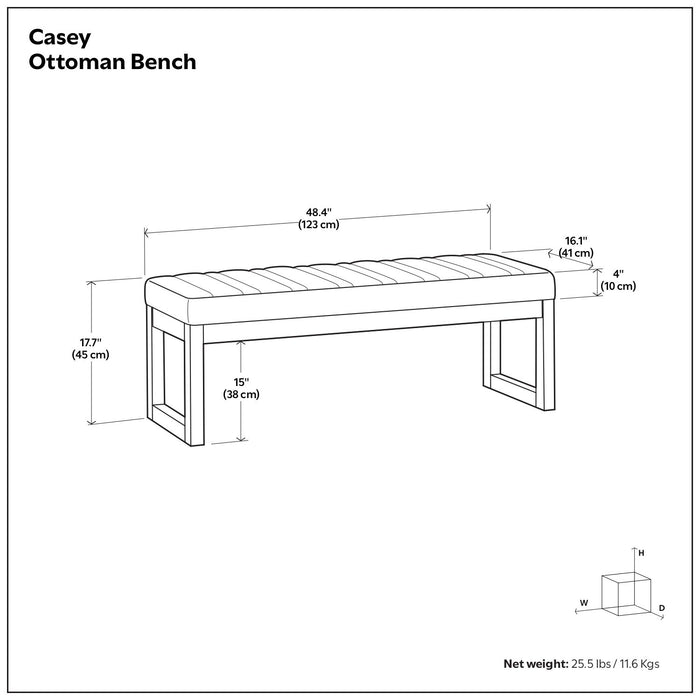Casey upholstered ottoman bench with dimensions and specifications diagram - Bel Furniture