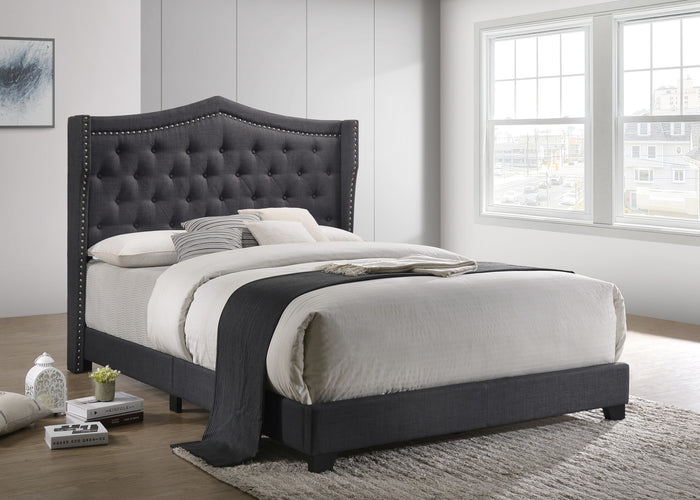 Contemporary Charcoal Gray Tufted Wingback Bed with Chrome Nailhead Trim
