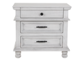 Distressed White Farmhouse Nightstand with 3 Drawers and Black Hardware