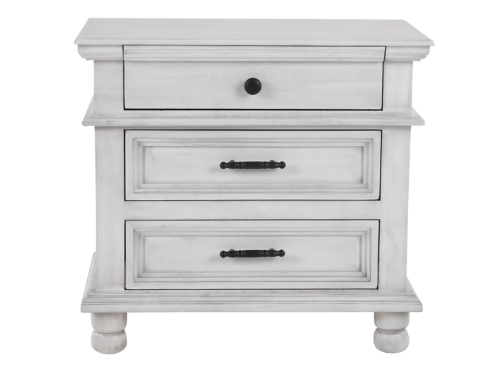 Distressed White Farmhouse Nightstand with 3 Drawers and Black Hardware