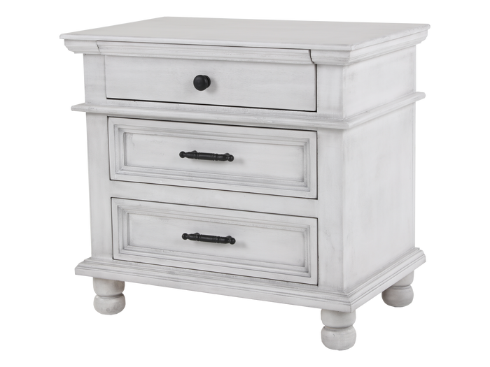 Distressed White Farmhouse Nightstand with 3 Drawers & Black Hardware