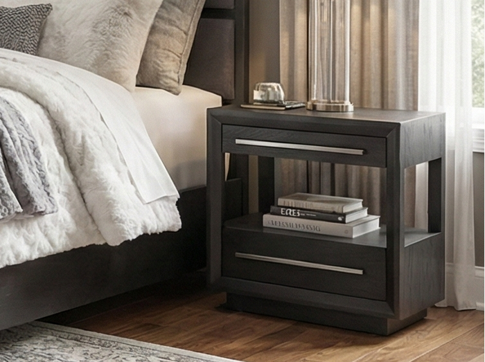Modern bedroom with dark wood furniture, including a bed, dressers, and nightstands.