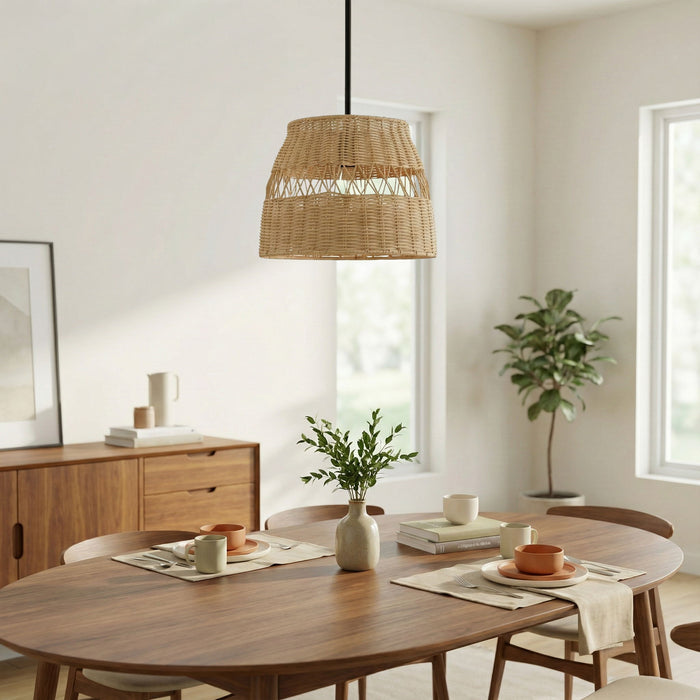 Essence - Single Lights Pendant With Shade - Black / Rattan - view 6