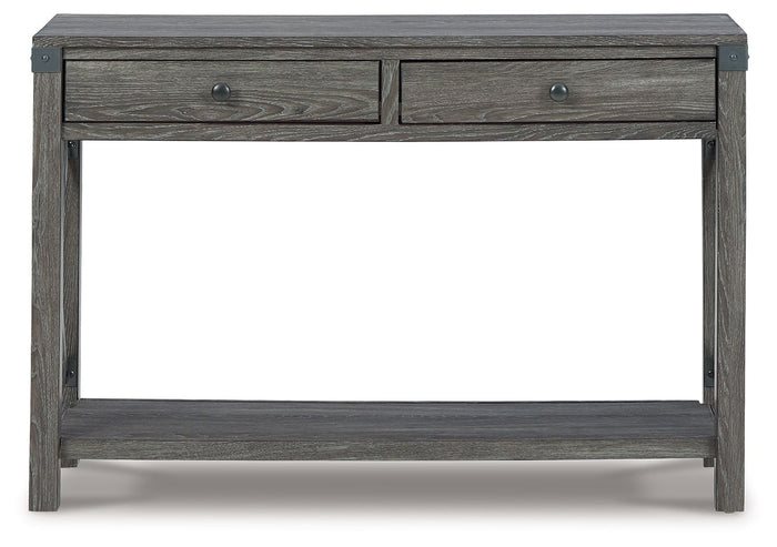 Grayish brown wood console sofa table with two drawers and open shelf storage - Bel Furniture