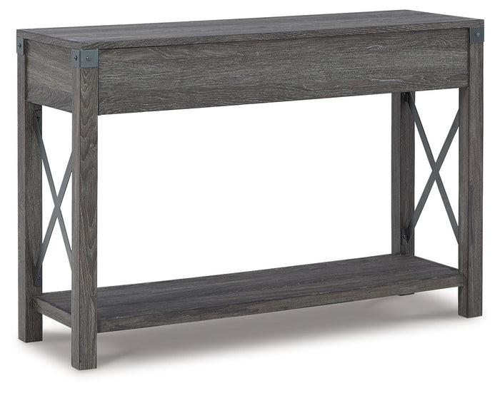 Grayish brown wood console sofa table with X-frame sides and lower shelf - Bel Furniture