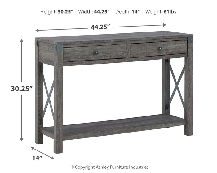 Grayish brown wood console sofa table with two drawers and X-frame sides - Bel Furniture