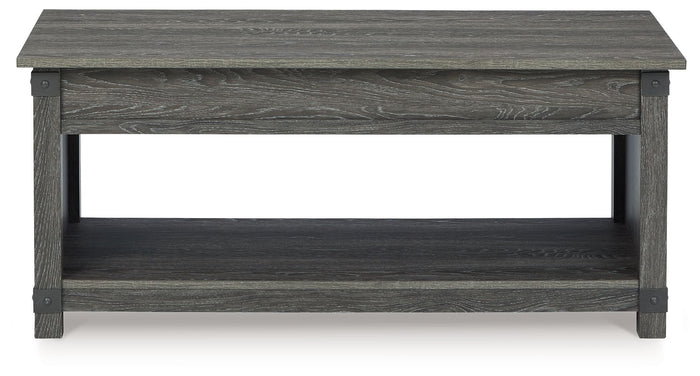 Grayish brown wood lift top coffee table with open shelf and metal accents - Bel Furniture