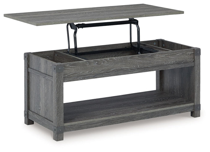 Grayish brown wood lift top coffee table with open shelf storage and metal hardware - Bel Furniture