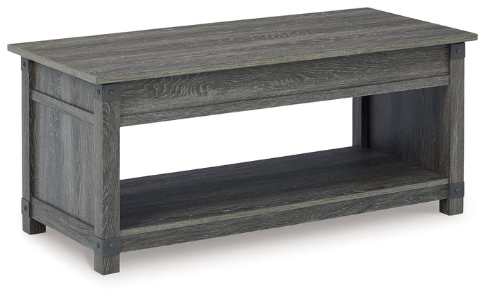 Grayish brown wood lift top coffee table with open shelf storage and industrial metal accents - Bel Furniture