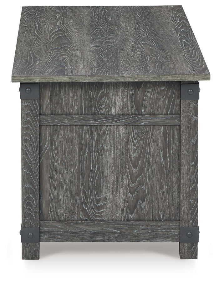 Grayish brown wood coffee table with lift top and metal corner accents, rustic farmhouse style