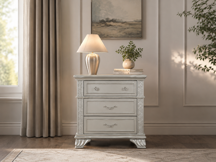 Glam Silver 3-Drawer USB Nightstand with Crystal Hardware Design