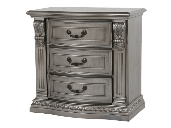 Grand-Platinum Traditional Nightstand with 3 Drawers and Carved Details