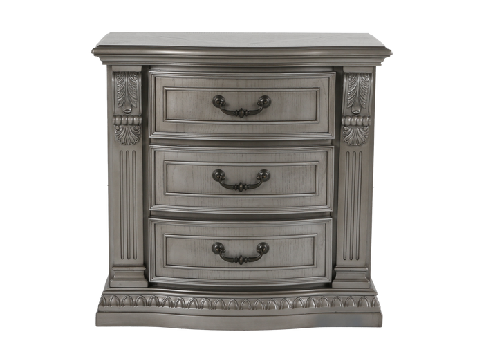 Grand-Platinum Traditional Nightstand with 3 Drawers & Carved Details