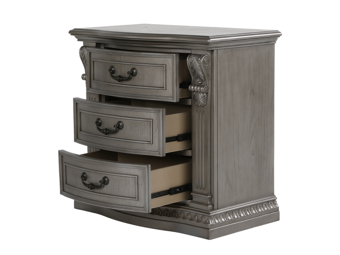Grand-Platinum Traditional Nightstand with 3 Drawers & Carved Details