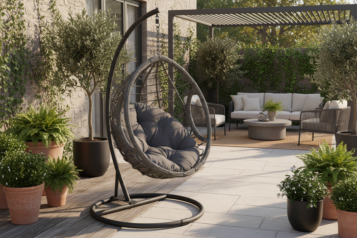 Gray Hanging Egg Chair with Stand & Cushion – Steel Frame, All-Weather Wicker