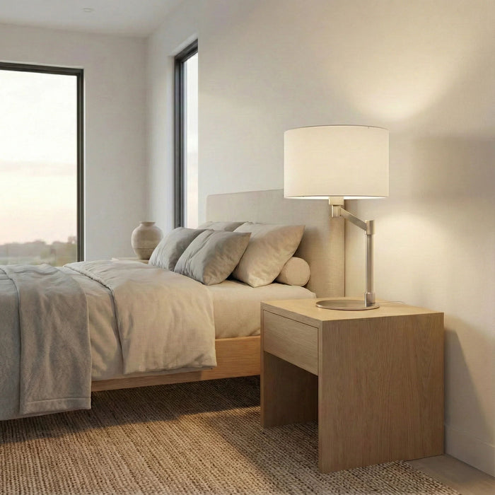 Horizon - Table Lamp With On / Off Switch Curved Base Linen Shade - Brushed Nickel / Silver / White
