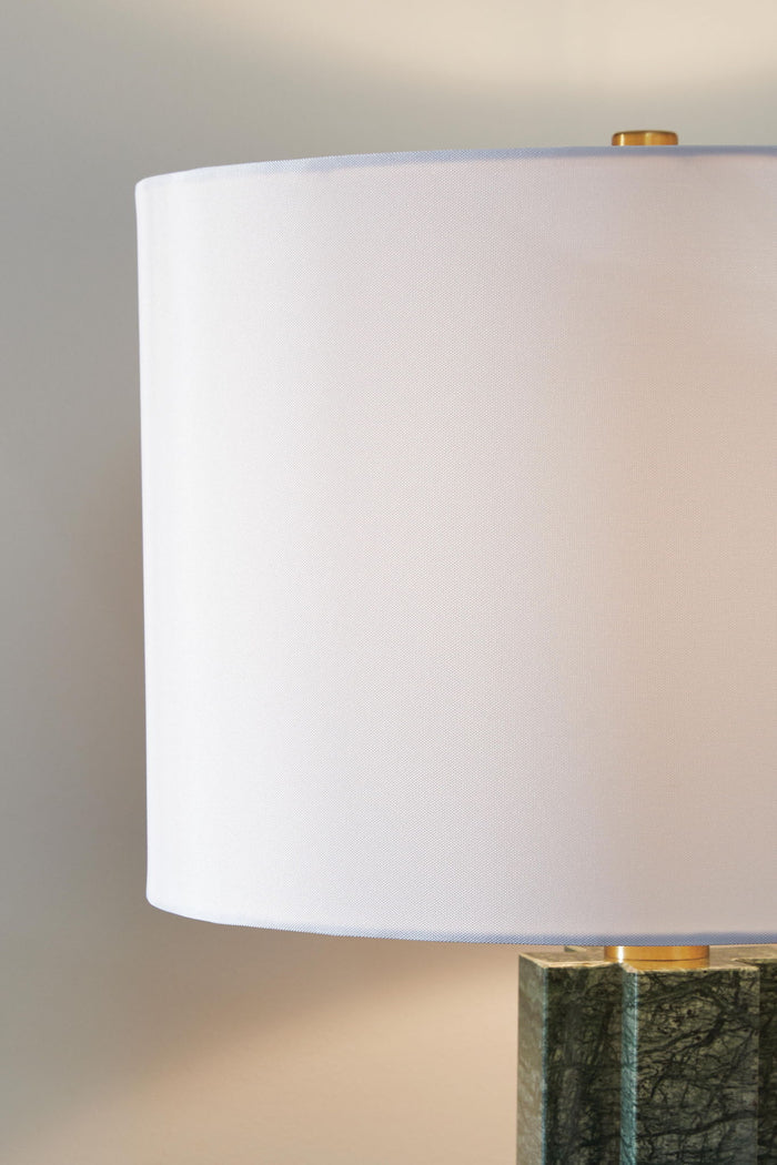 Green marble table lamp with white cylindrical shade and brass hardware - Bel Furniture