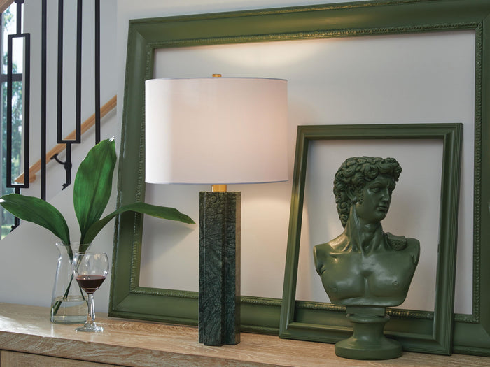 Keegan green marble table lamp with white shade on wooden shelf styling - Bel Furniture