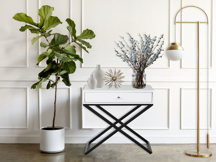Koda - Wooden End Side Table Nightstand With Glass Top, Drawer And Metal Cross Base by Lilola Home | Bel Furniture