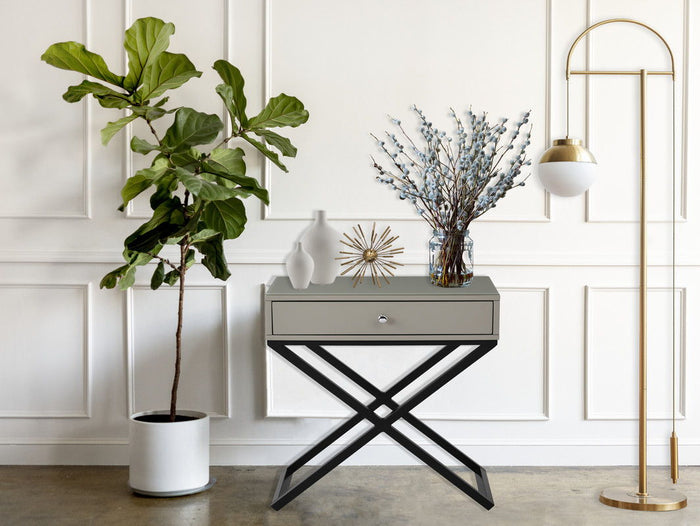 Koda - Wooden End Side Table Nightstand With Glass Top, Drawer And Metal Cross Base by Lilola Home | Bel Furniture