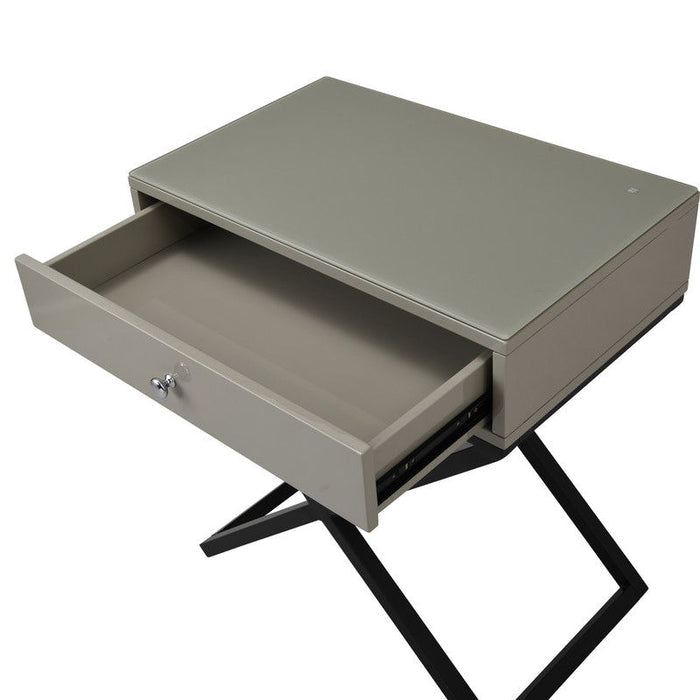 Koda - Wooden End Side Table Nightstand With Glass Top, Drawer And Metal Cross Base by Lilola Home | Bel Furniture