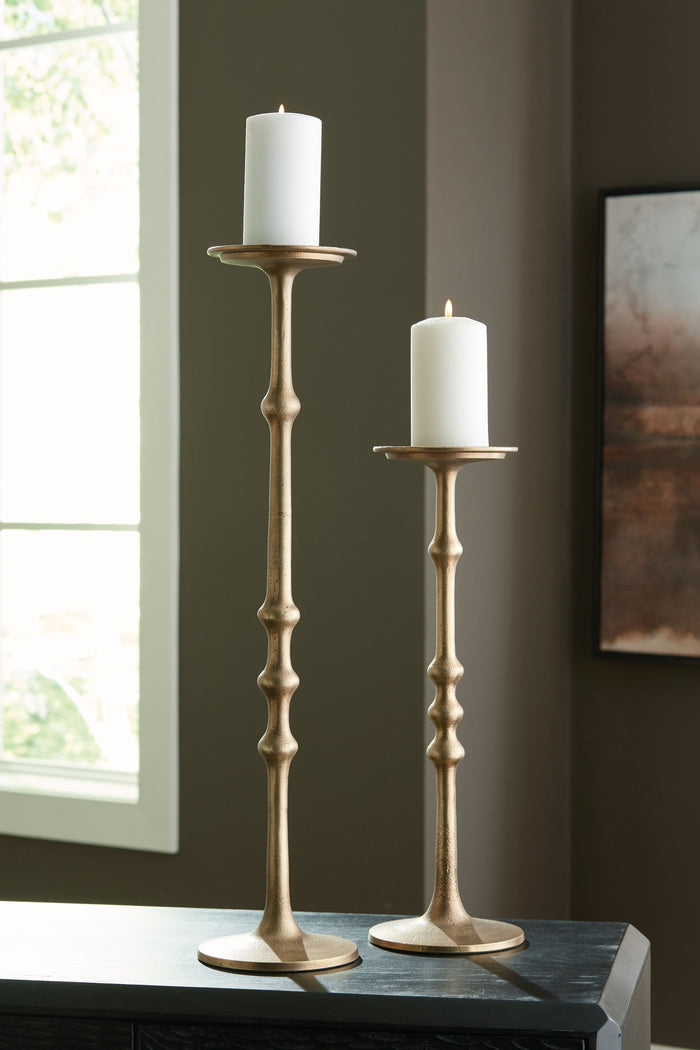 Larwick - Antique Brass Finish - Candle Holder Set (Set of 2) by Signature Design by Ashley® | Bel Furniture