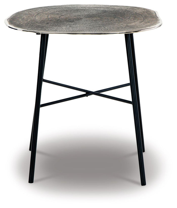 Round end table with textured chrome top and black metal legs with X-frame base - Bel Furniture