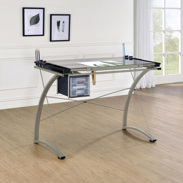 Melo - Glass Top Drafting Table With Storage - Silver