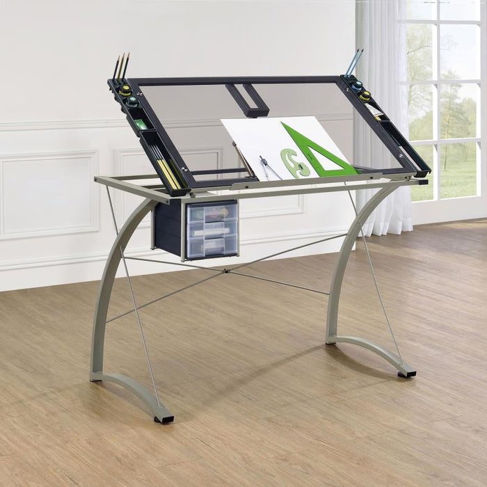 Melo - Glass Top Drafting Table With Storage - Silver