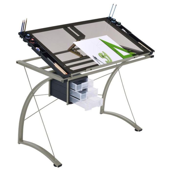 Melo - Glass Top Drafting Table With Storage - Silver