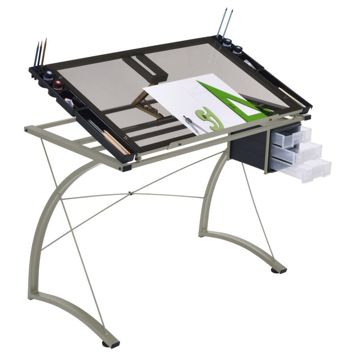 Melo - Glass Top Drafting Table With Storage - Silver