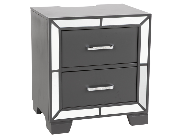 Modern Glam Graphite 2-Drawer Nightstand with USB Charging and Mirror Trim Accents