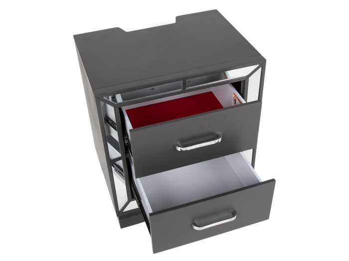 Modern Glam Graphite 2-Drawer Nightstand with USB Charging & Mirror Trim Accents