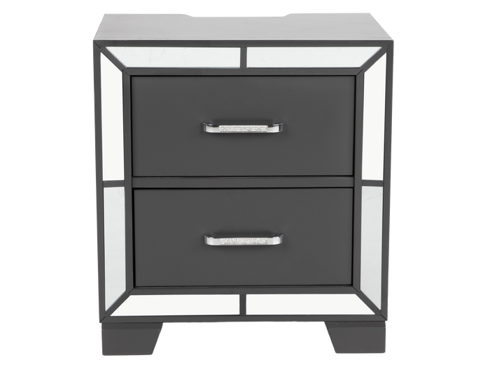 Modern Glam Graphite 2-Drawer Nightstand with USB Charging & Mirror Trim Accents